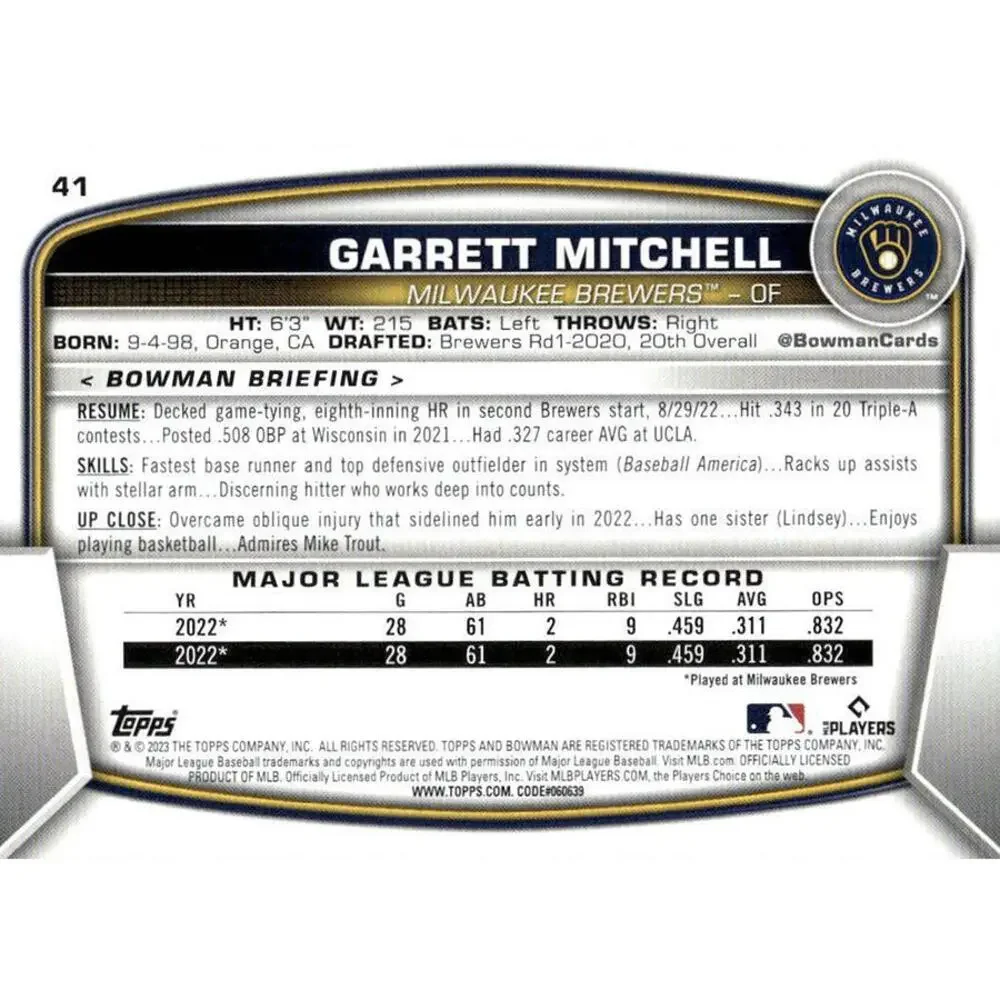 2023 Bowman Garrett Mitchell RC #41 Milwaukee Brewers